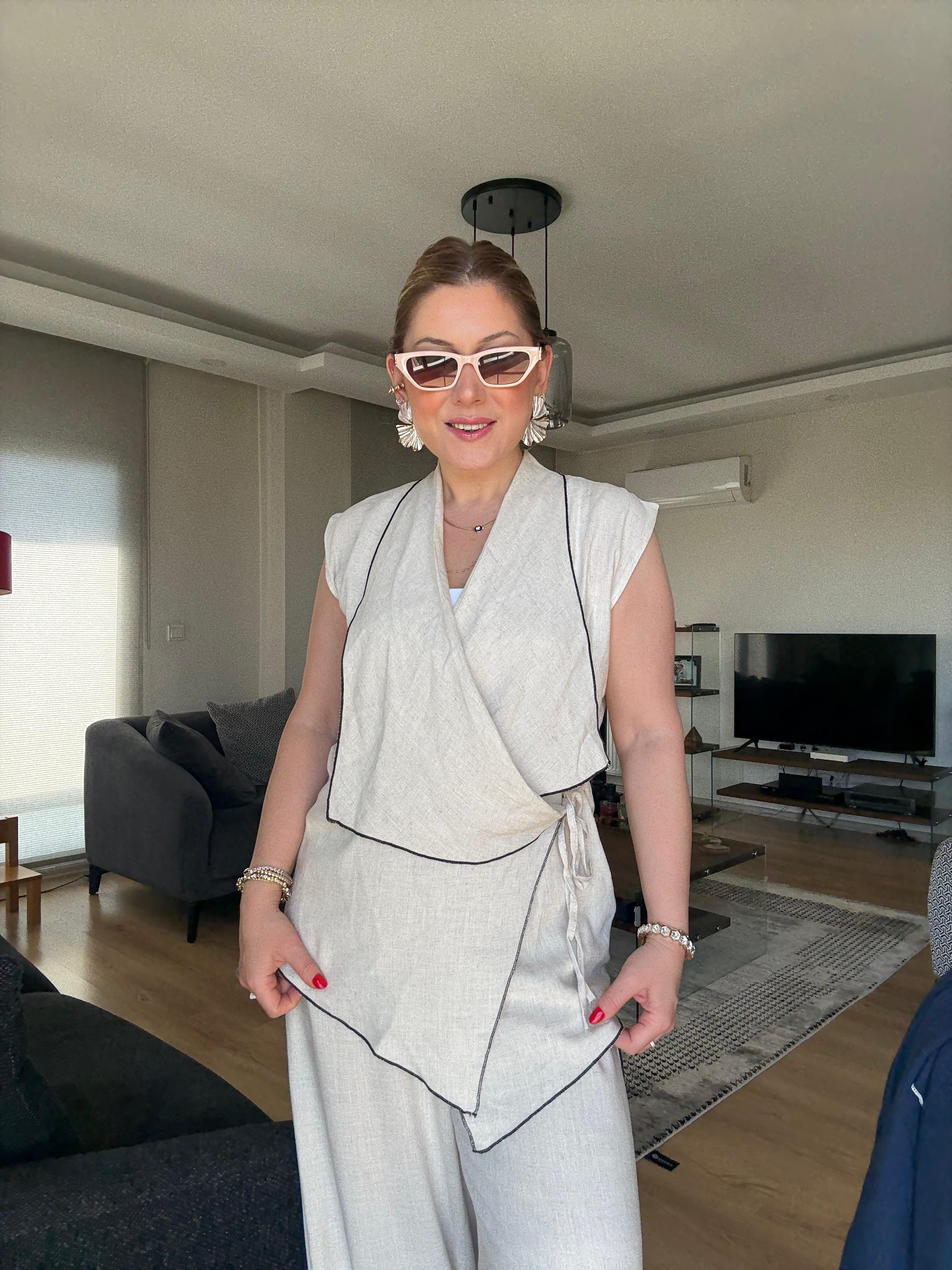 Kontrast Kimono Yelek Takım