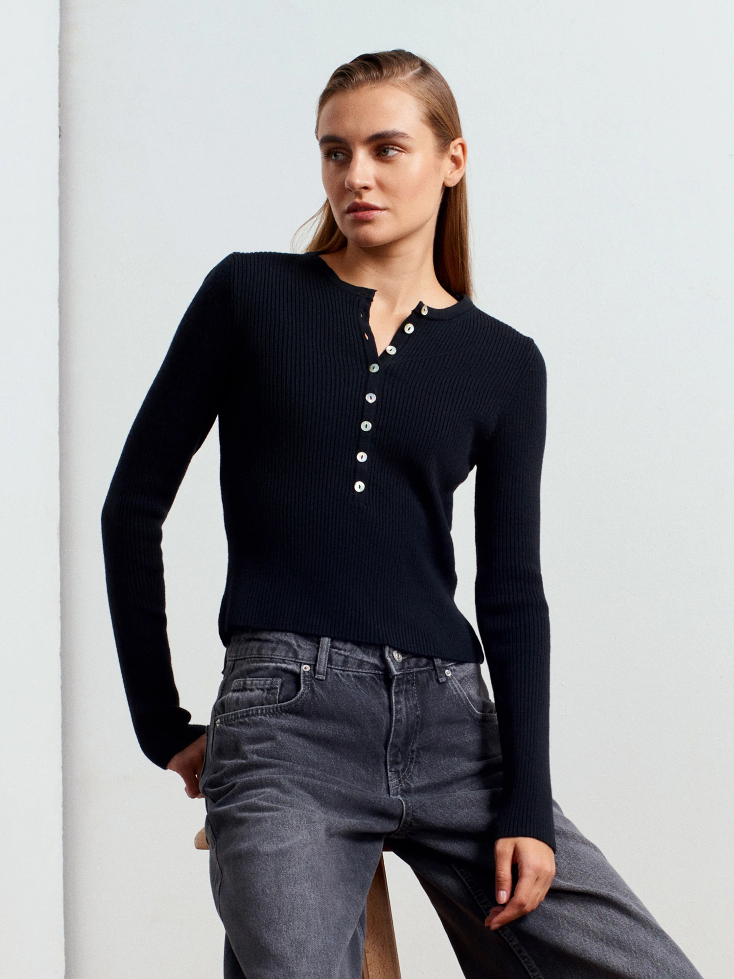 Bisiklet Yaka Yünlü Düğmeli Triko Kazak - Siyah