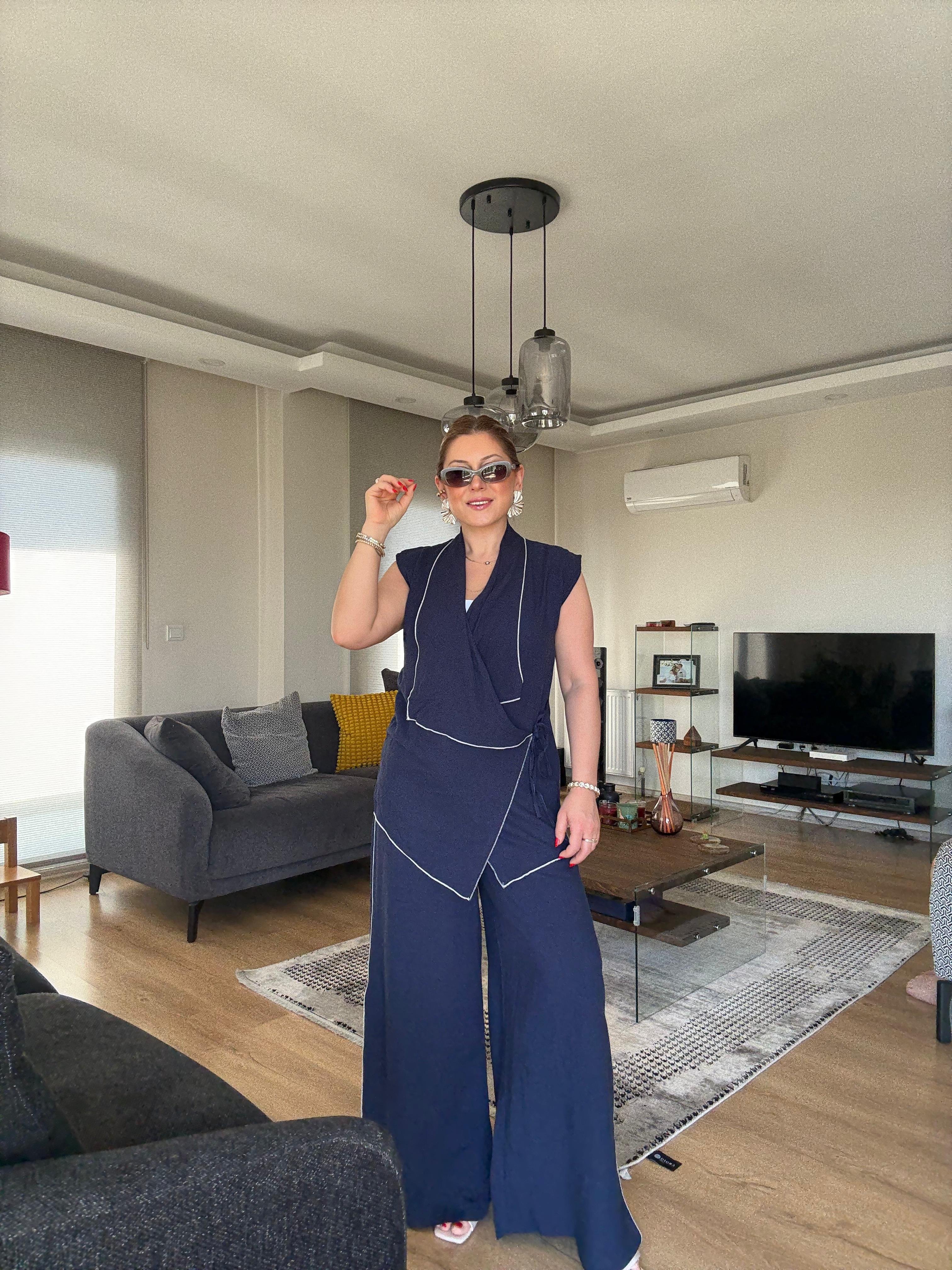 Kontrast Kimono Yelek Takım