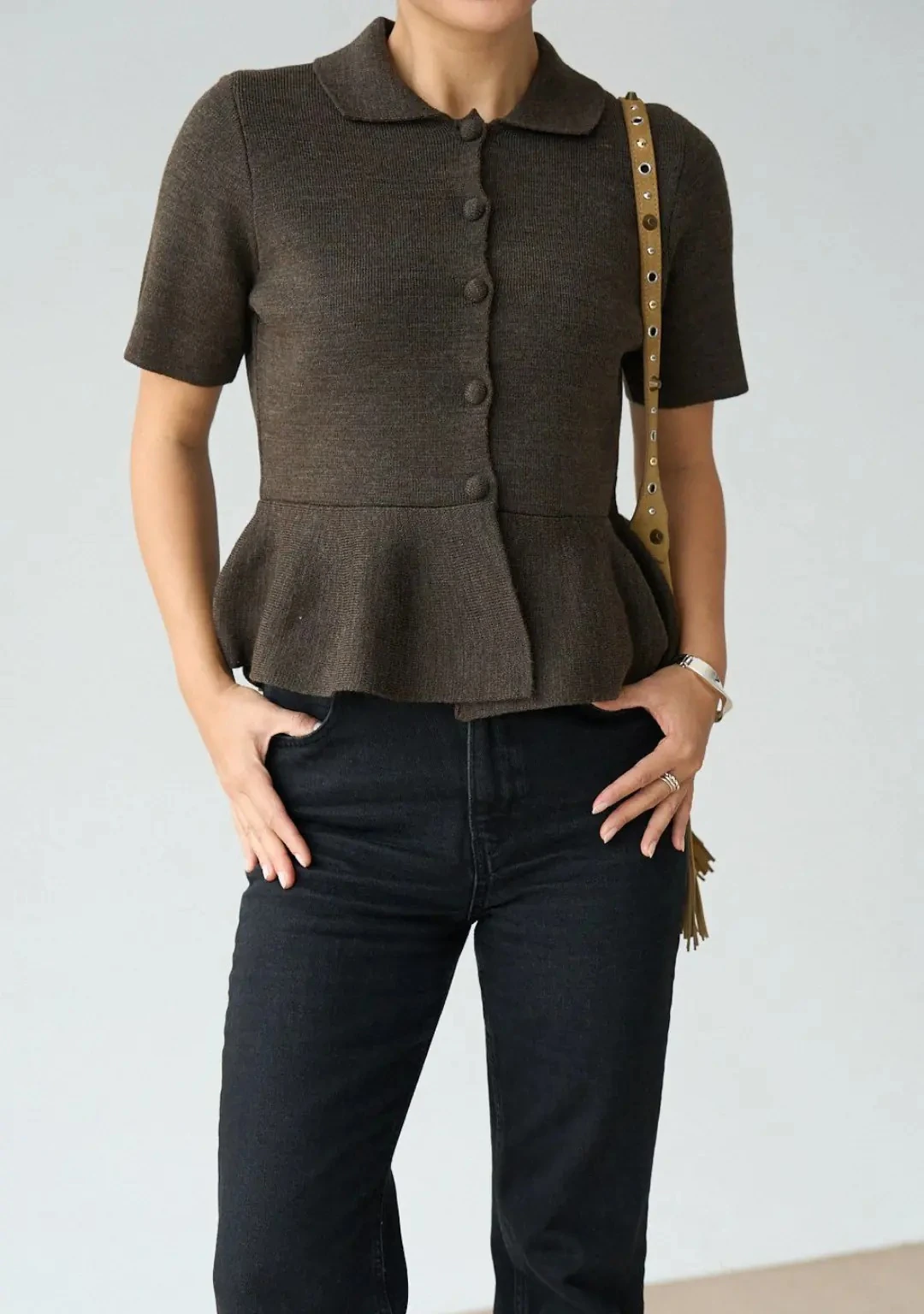 Zr Model Düğme Detay Triko - Kahve Melanj