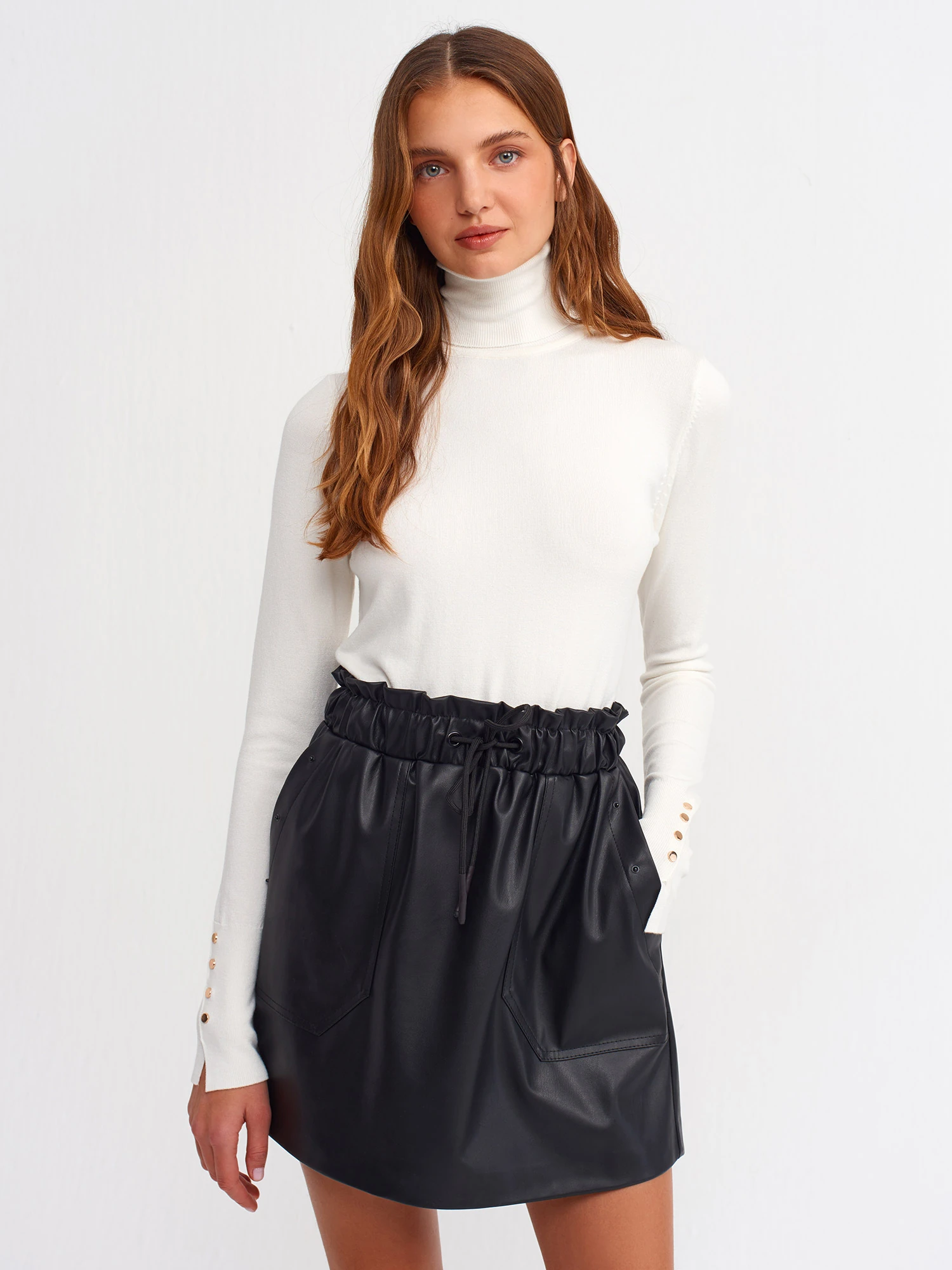 Balıkçı Yaka Kolu Droplu Kazak - Ekru