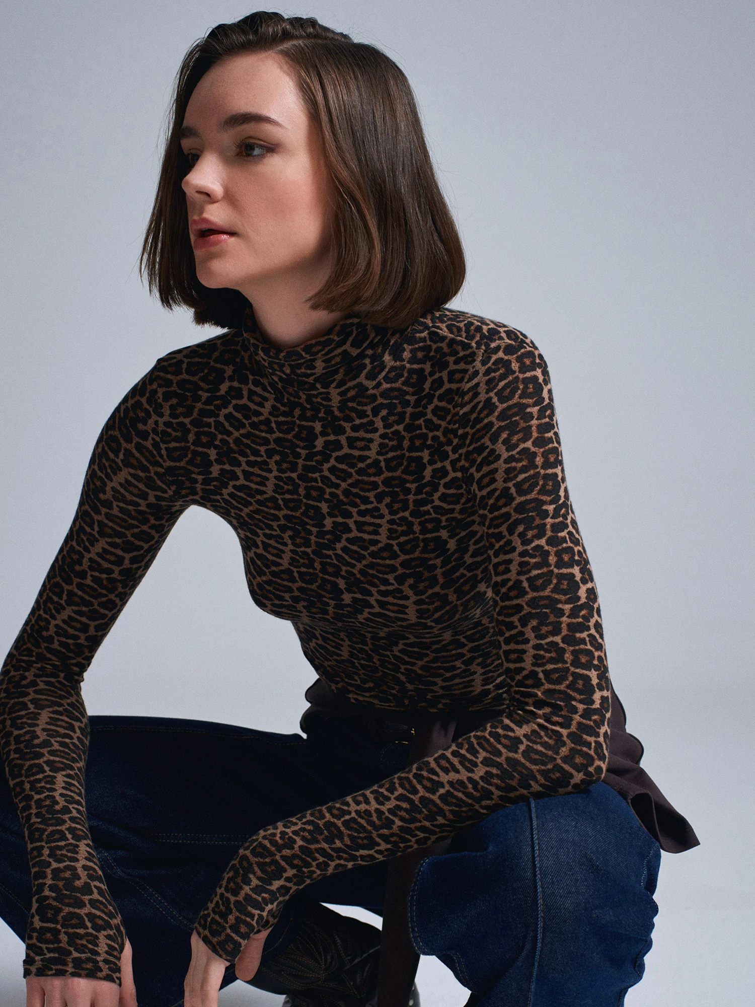 Leopar Balıkçı Yaka Uzun Kollu Top