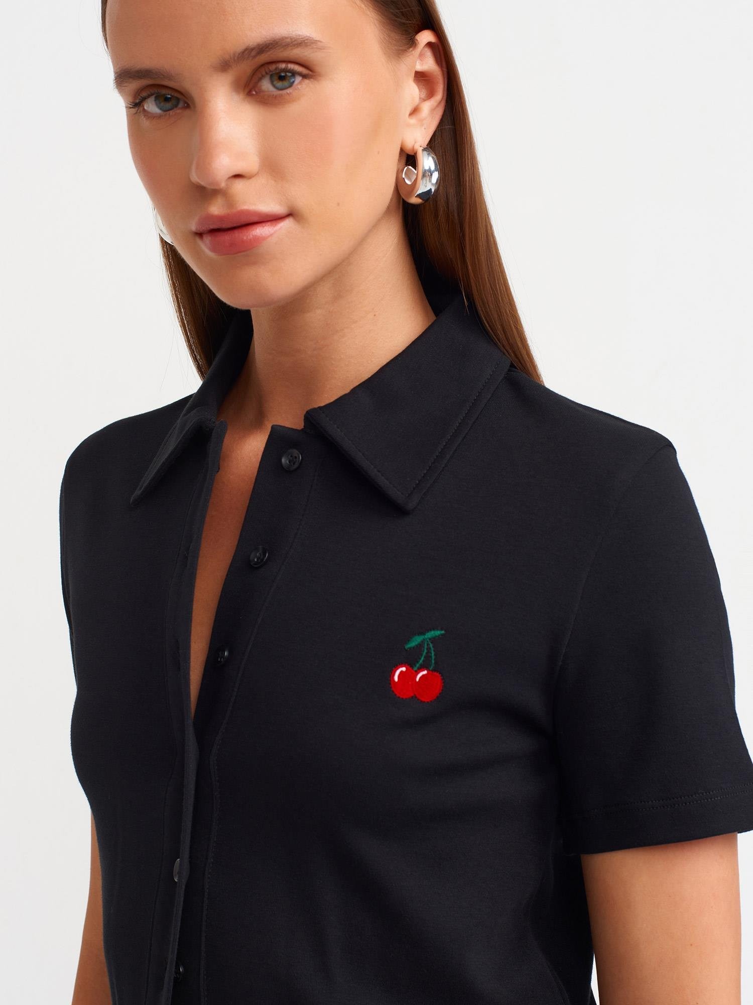 31006 Polo Yaka Nakışlı T-Shirt Siyah