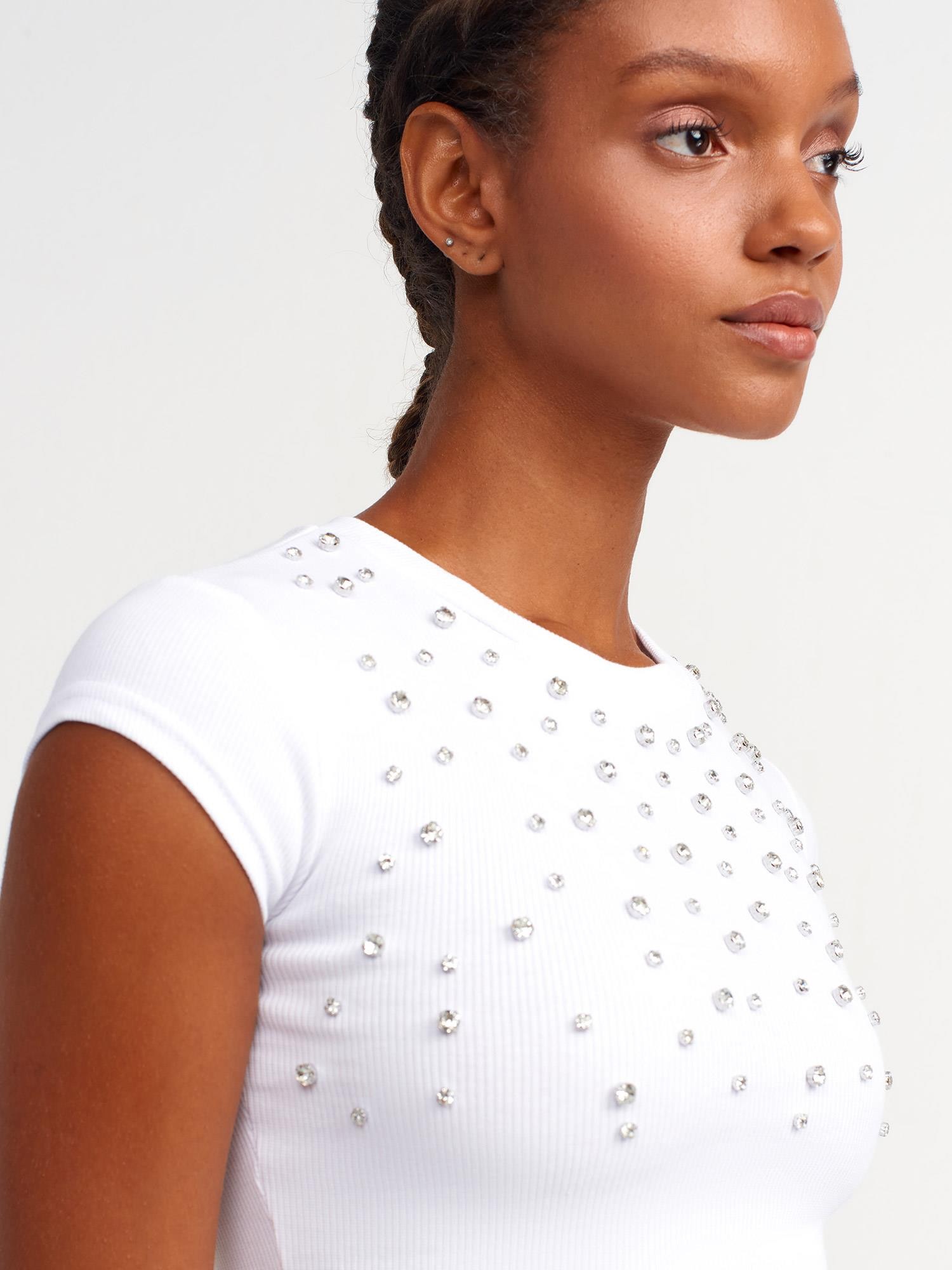 31129 Parlak Taşlı Fitilli Crop Top Beyaz