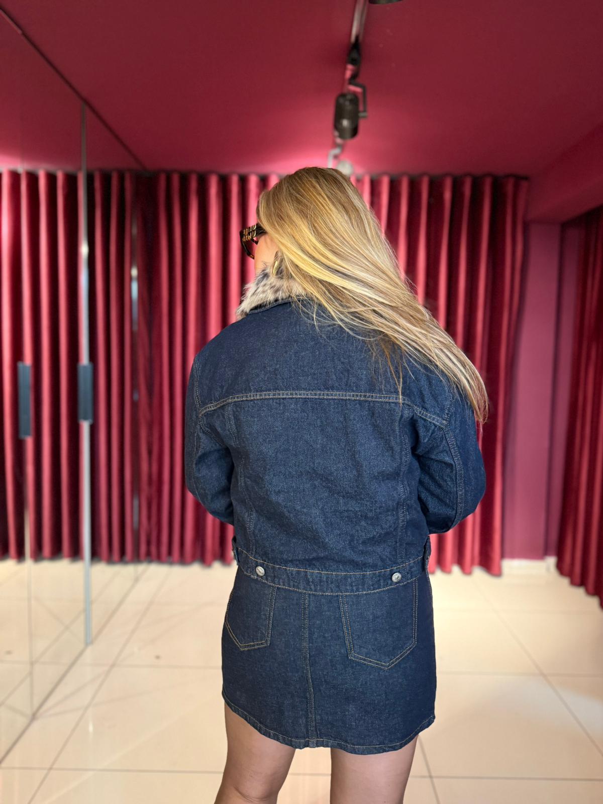 Yakası Kürk Detaylı Denim Crop Ceket