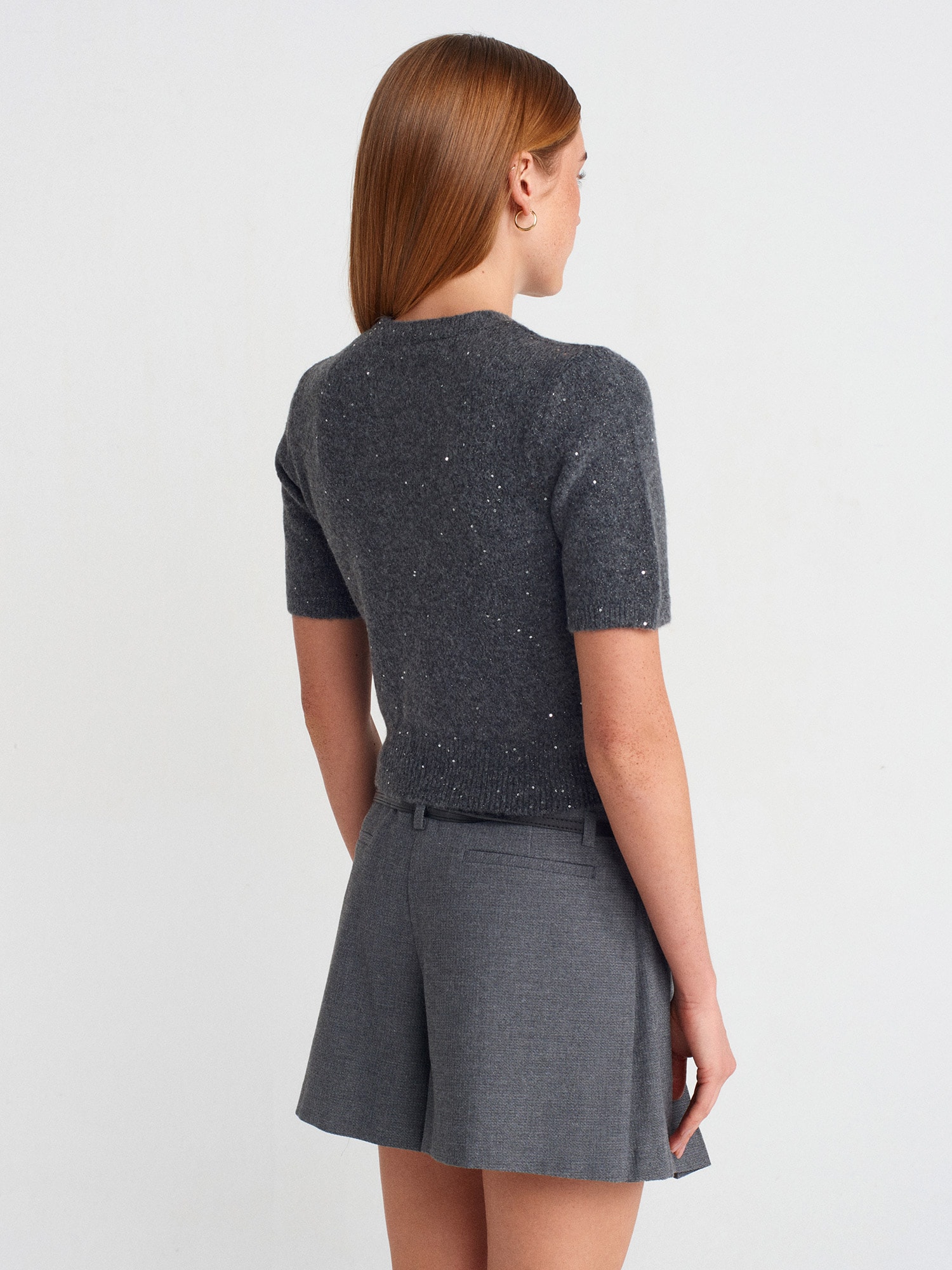 Bisiklet Yaka Pullu Simli Triko Kazak