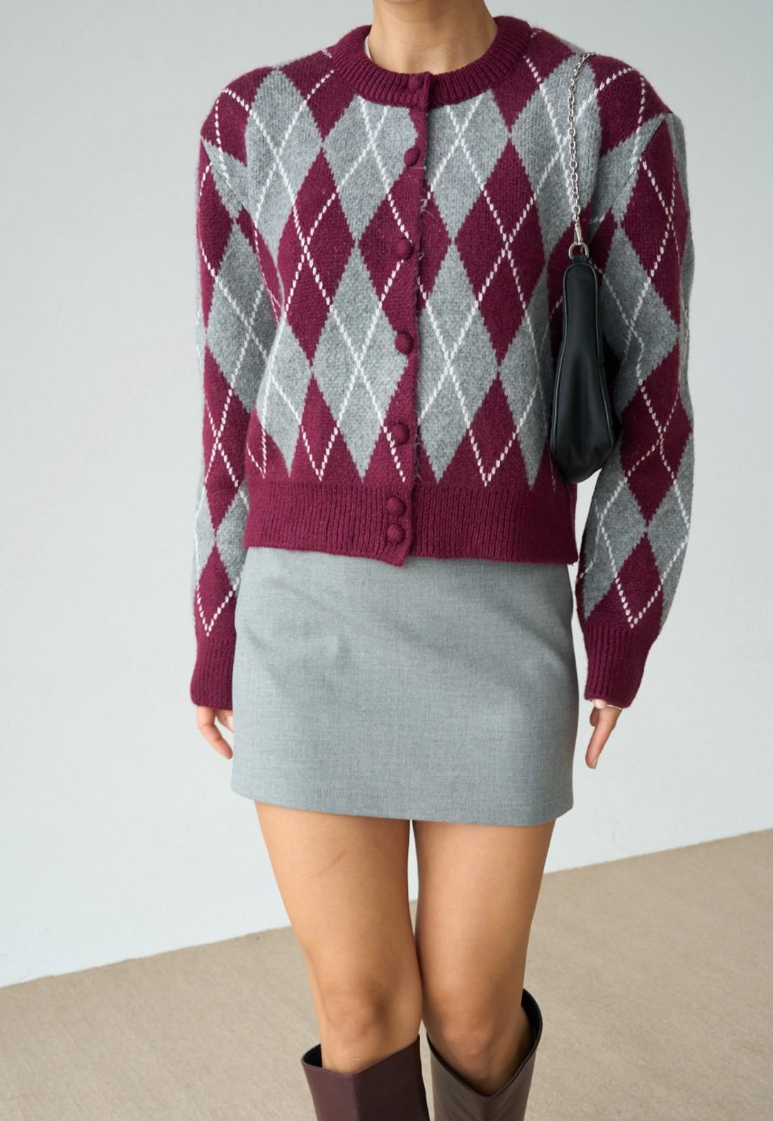 Baklava Desen Hırka - Bordo-Gri