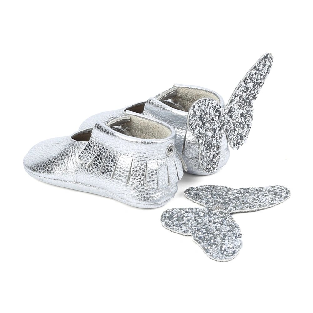 Yoyo Junior Bootie Genuine Leather in Silver with Snap Button Butterfly Ornament Preference