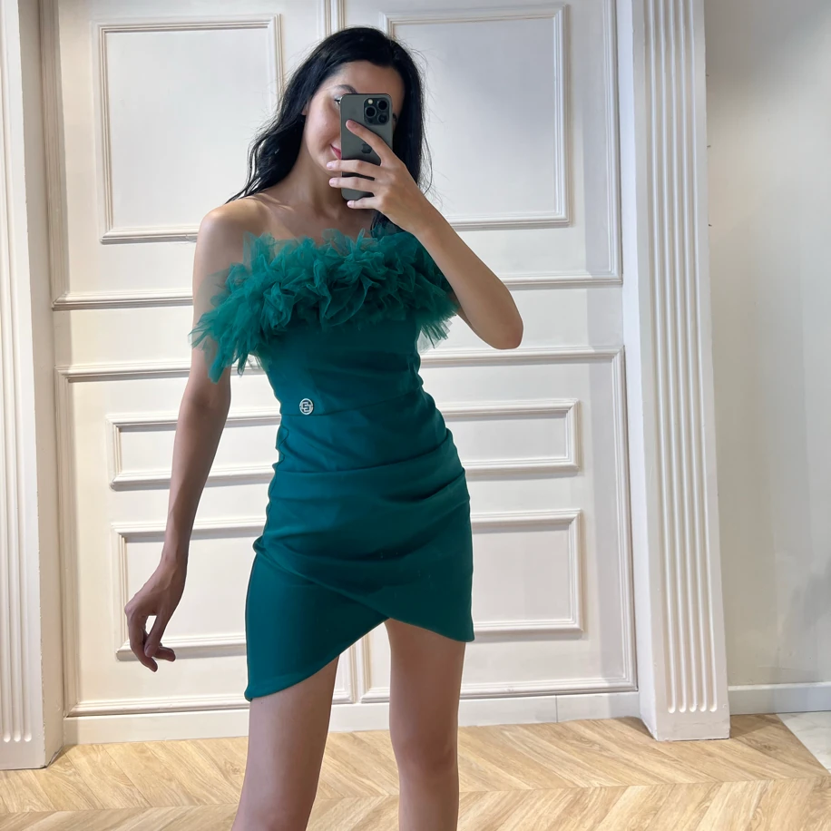 Drape kesim  mini yeşil elbise