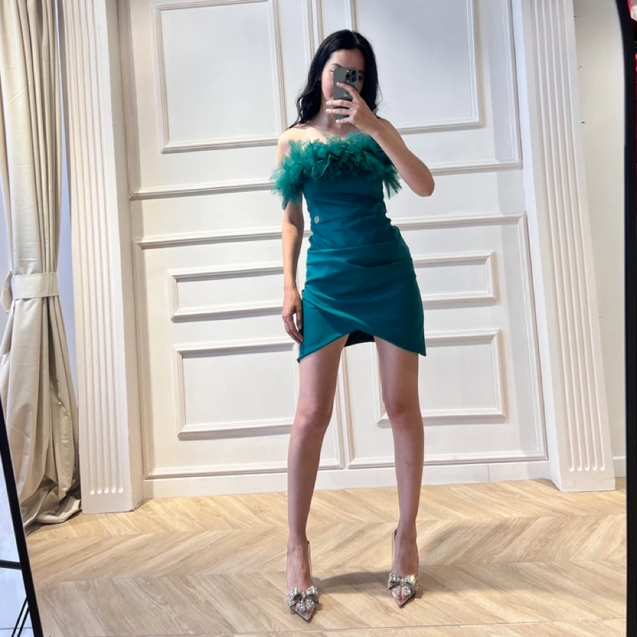 Drape kesim  mini yeşil elbise