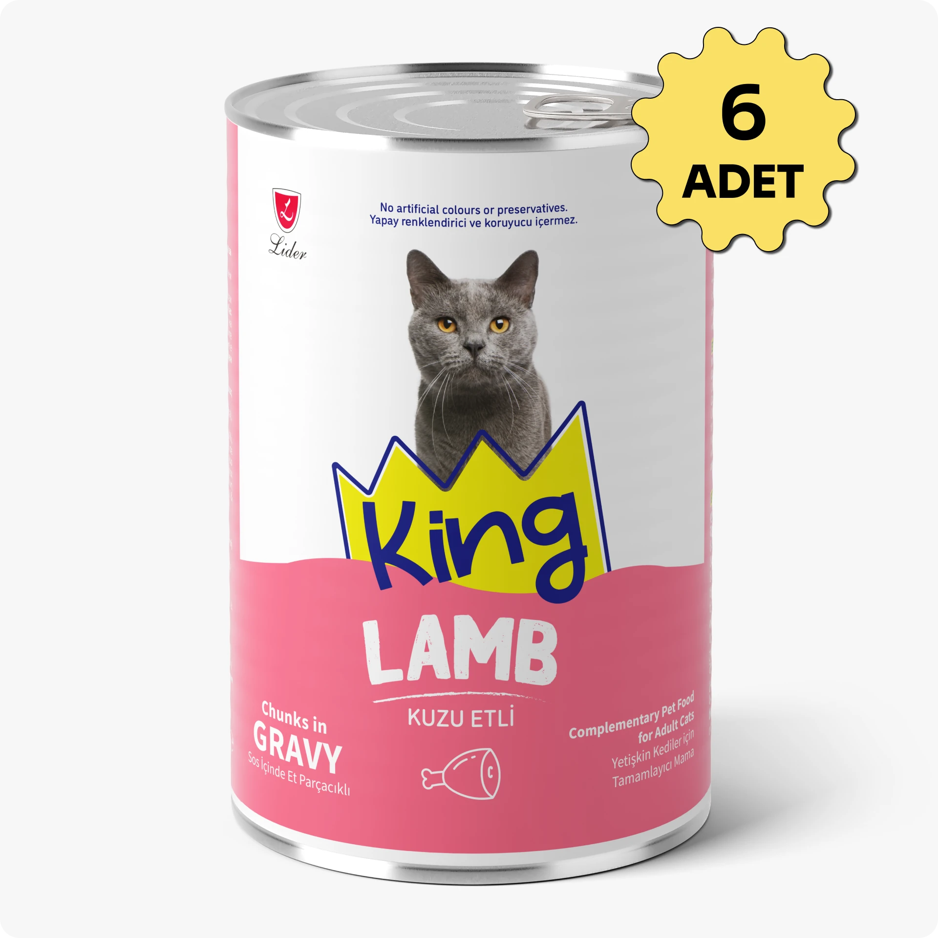 King Sos İçerisinde Et Parçacıklı Kuzu Etli Kedi Konservesi 400 gr 6 Adet