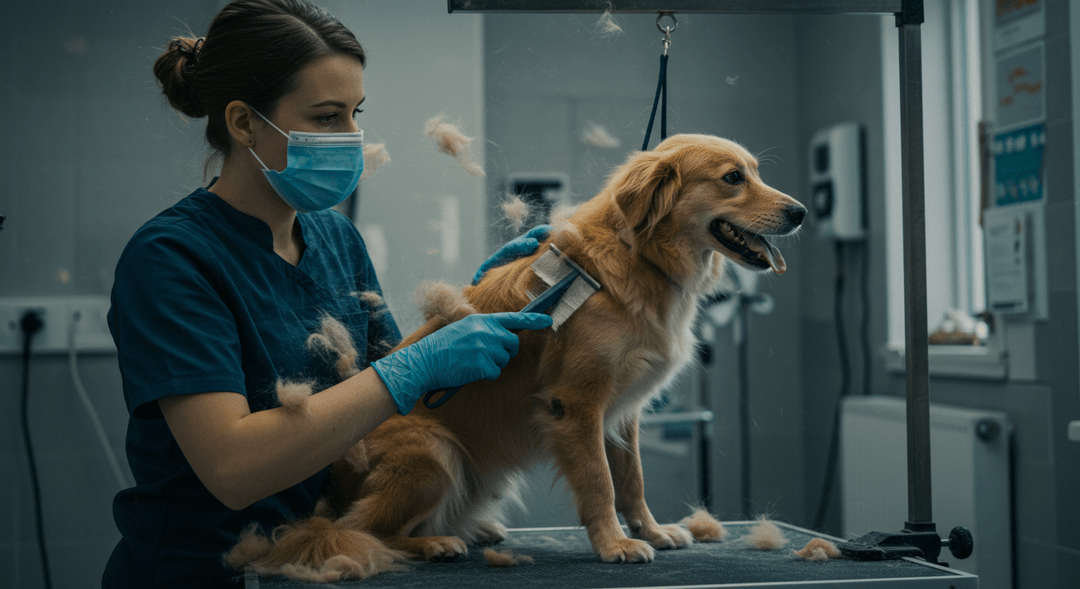 Bir kuaför, hijyenik salonda köpeği tararken uçuşan tüylerle temas hâlinde; maske ve eldivenle çalışan profesyonel ortam.