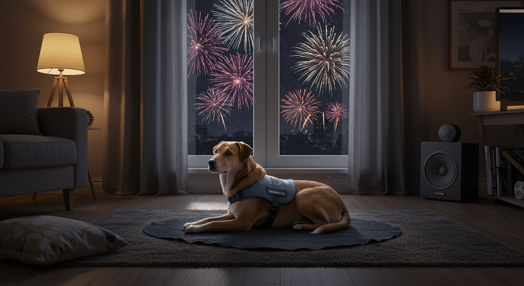 4K detaylı, havai fişek seslerinden korunmuş sakin bir ortamda huzurla yatan köpek