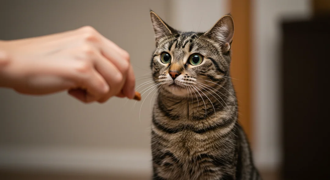 Şirin bir kedi, sahibinin elinden ödül maması almak için heyecanla bekliyor. Kedinin kuyruğu hafifçe kalkmış, patileri vücudunun altına yerleşmiş. Sahibi, mamayı kedinin tam önüne uzatıyor, kedi ise dikkatle ona odaklanmış. Arka plan yumuşak ve bulanık, kedinin sahibine olan dikkatini vurguluyor.