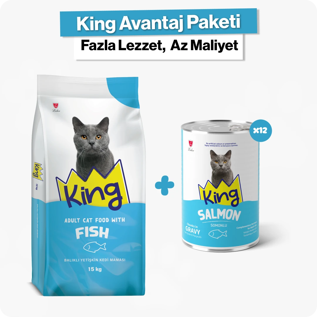 King Balıklı Yetişkin Kedi Maması + 12'li Konserve Ekonomik Paket
