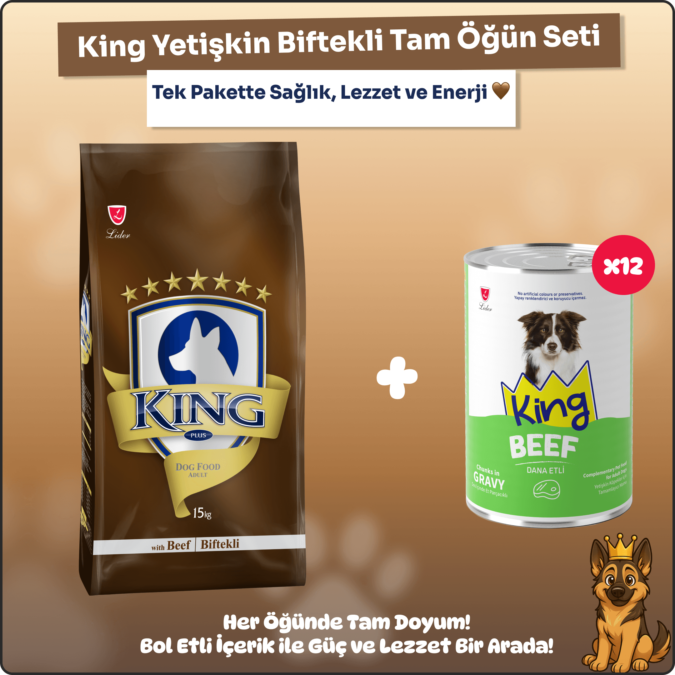 King Biftekli Yetişkin Köpek Maması 15 kg + 12’li Konserve Ekonomik Paket
