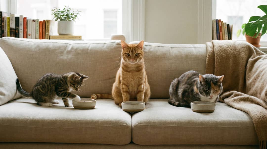 Yavru kedi, yetişkin kedi ve yaşlı kedi yan yana beslenme ihtiyaçları