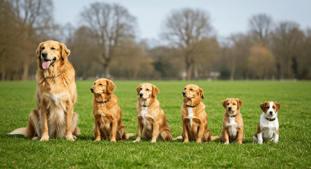 Büyüklük sırasına göre çimlerin üzerinde oturan canlı köpekler