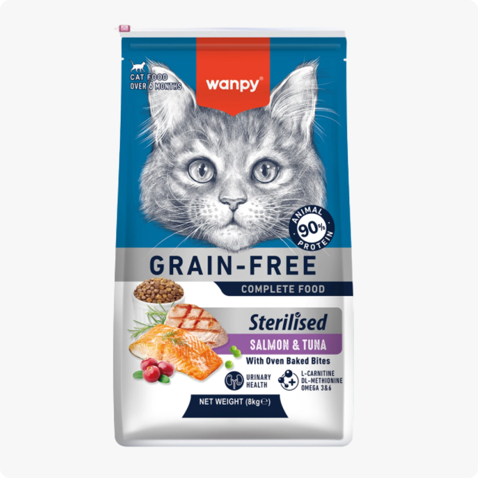 Wanpy Tahılsız Somonlu ve Ton Balıklı Kısırlaştırılmış Yetişkin Kedi Maması 8 kg