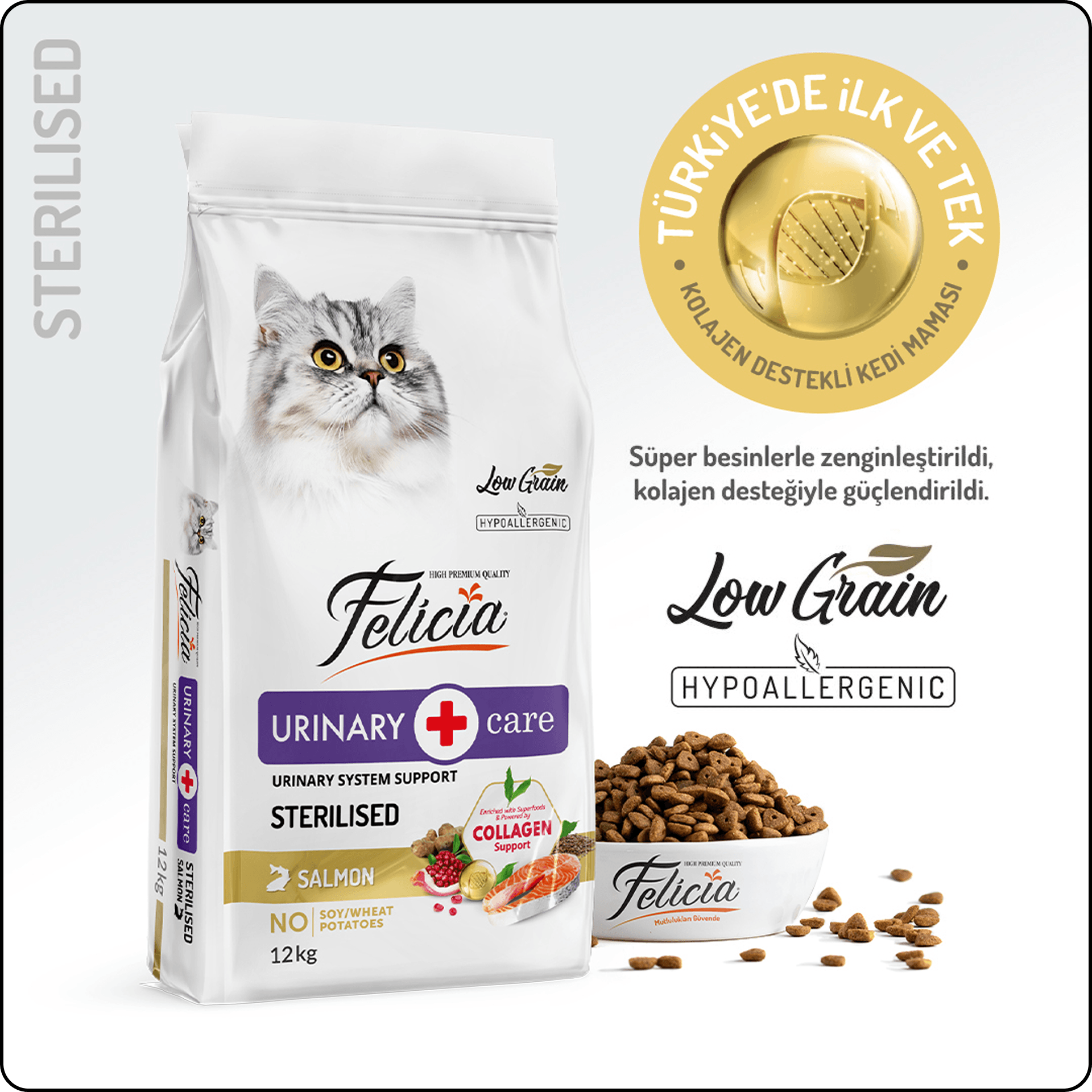 Felicia Hypo-Allergenic Üriner Sağlığı için Somonlu Düşük Tahıllı Kısırlaştırılmış Kedi Maması 12 kg