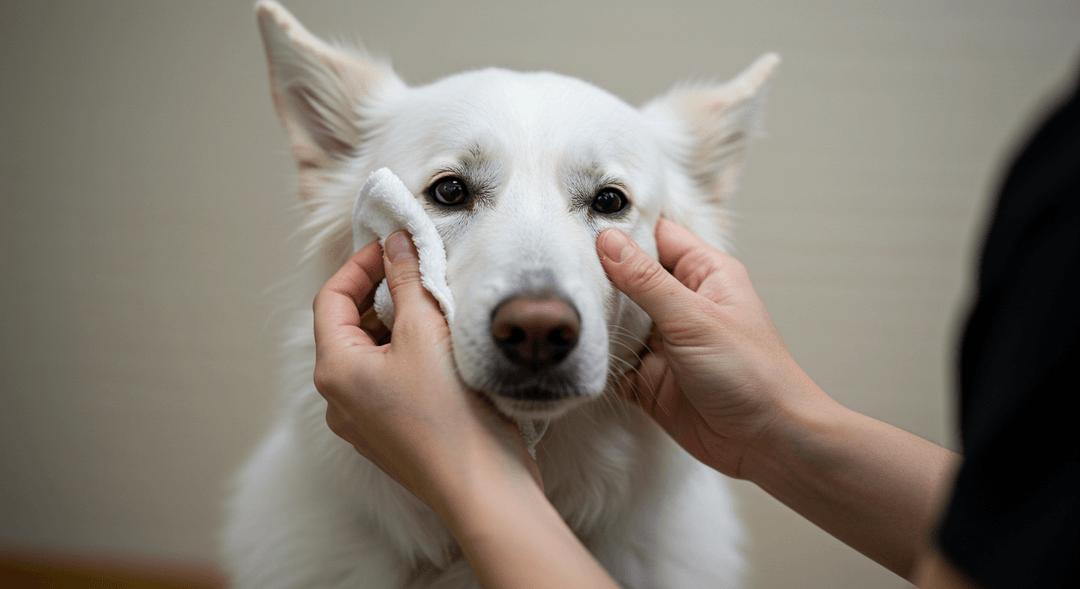 Sakin beyaz bir köpeğin göz çevresini yumuşak bir bezle nazikçe silen bir kişinin sahnesi. Köpek temizleme sırasında rahat görünüyor, özenli ve sevgi dolu göz bakımı vurgulanıyor.