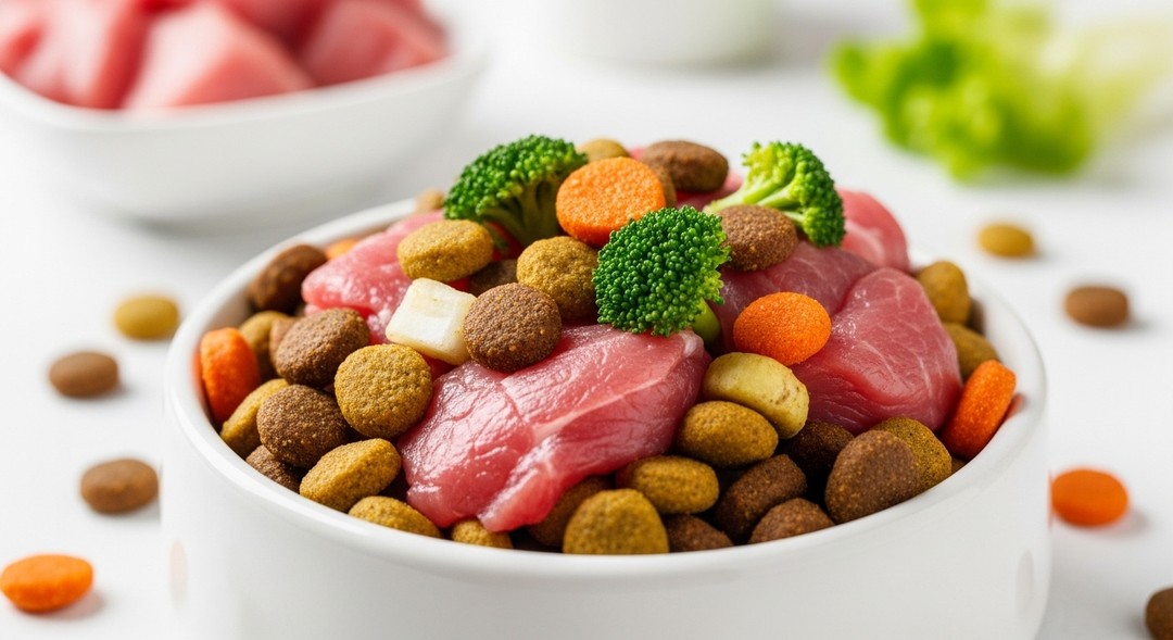 Protein, vitamin ve mineral açısından zengin, kaliteli kuru mama dolu bir mama kabı.