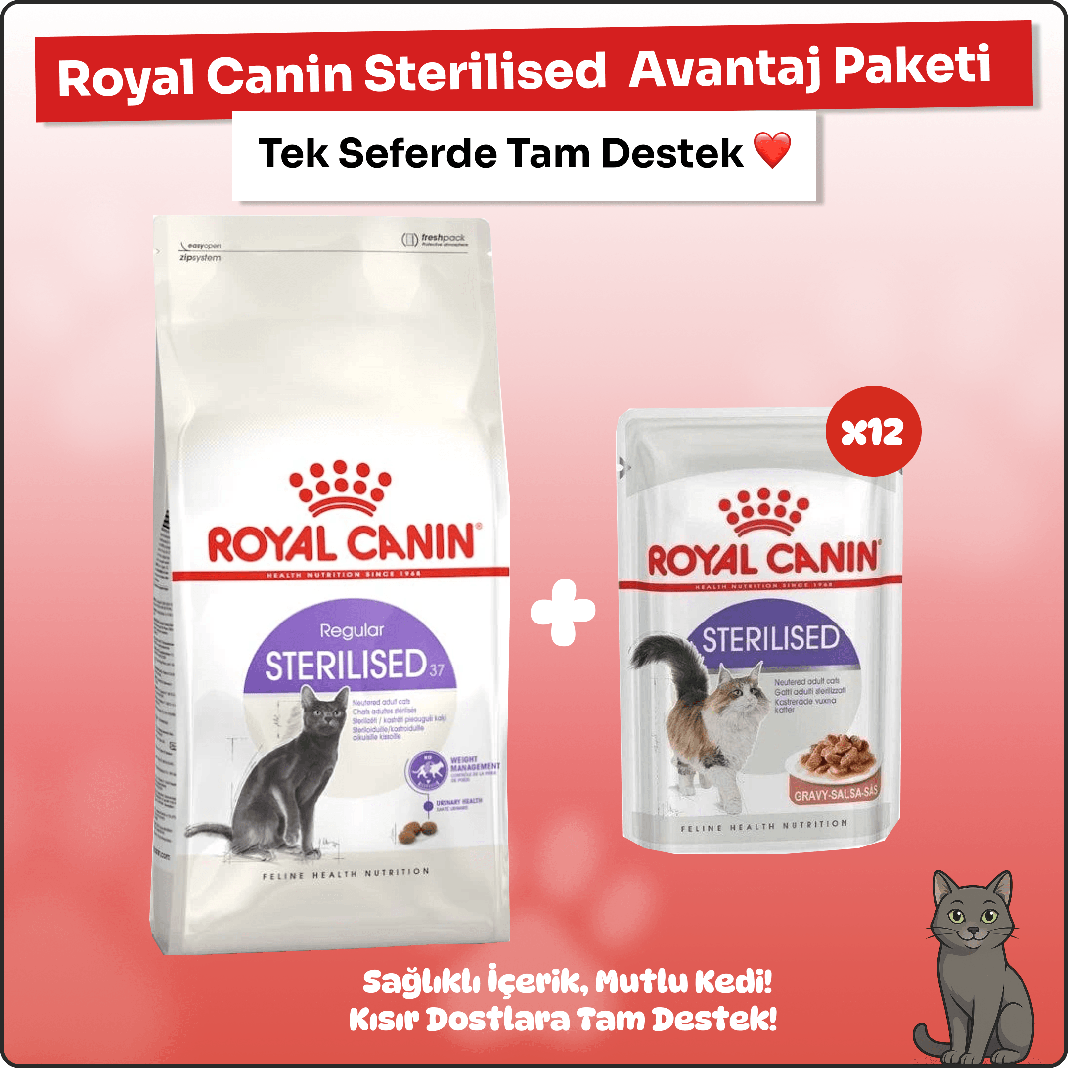 Royal Canin Sterilised 10 Kg + 12'li Yaş Mama Avantaj Paketi