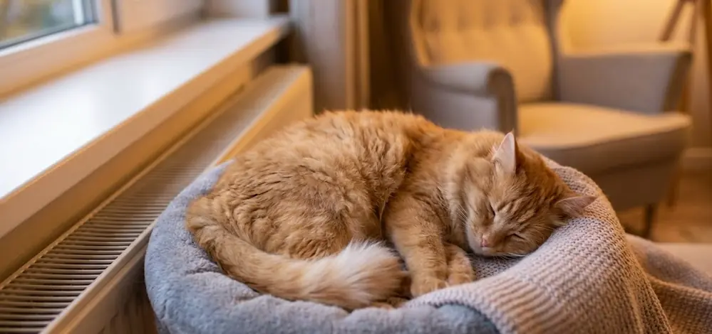 Kendi yatağında uyuyan kedi, doğru yer ve konfor sayesinde kedi yatağına alışma süreci