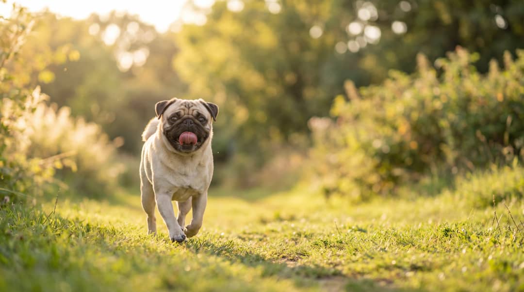 Mutlu ve sağlıklı pug köpek parkta yürüyüşte