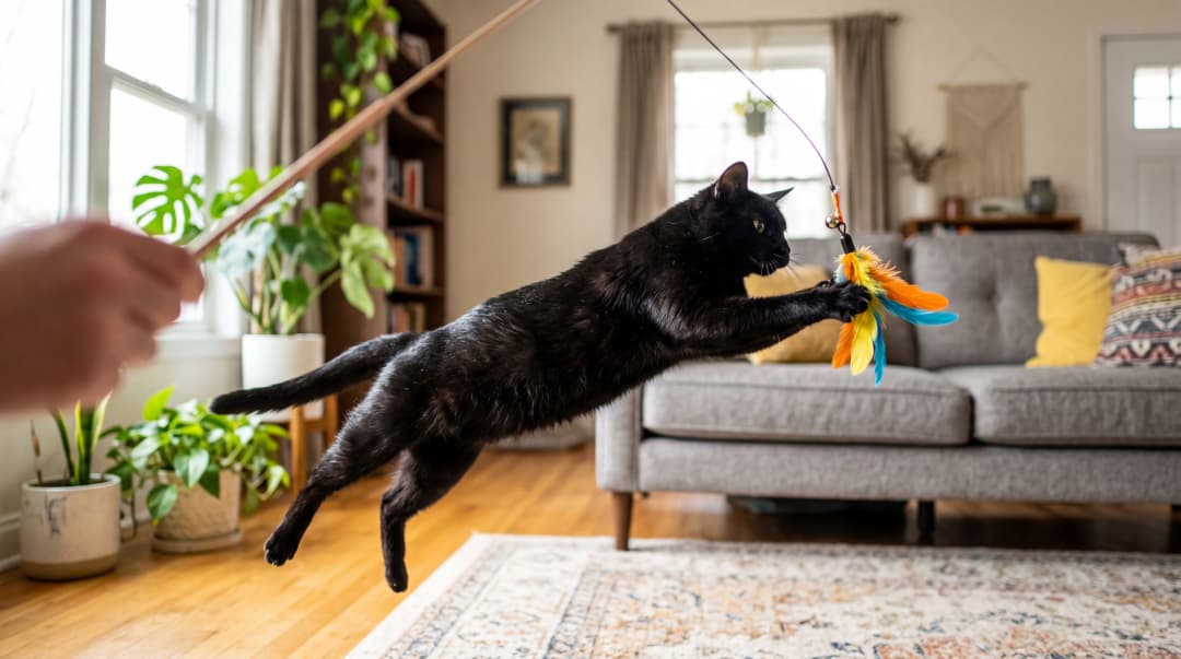 Tüy oyuncakla oynayan enerjik siyah kedi