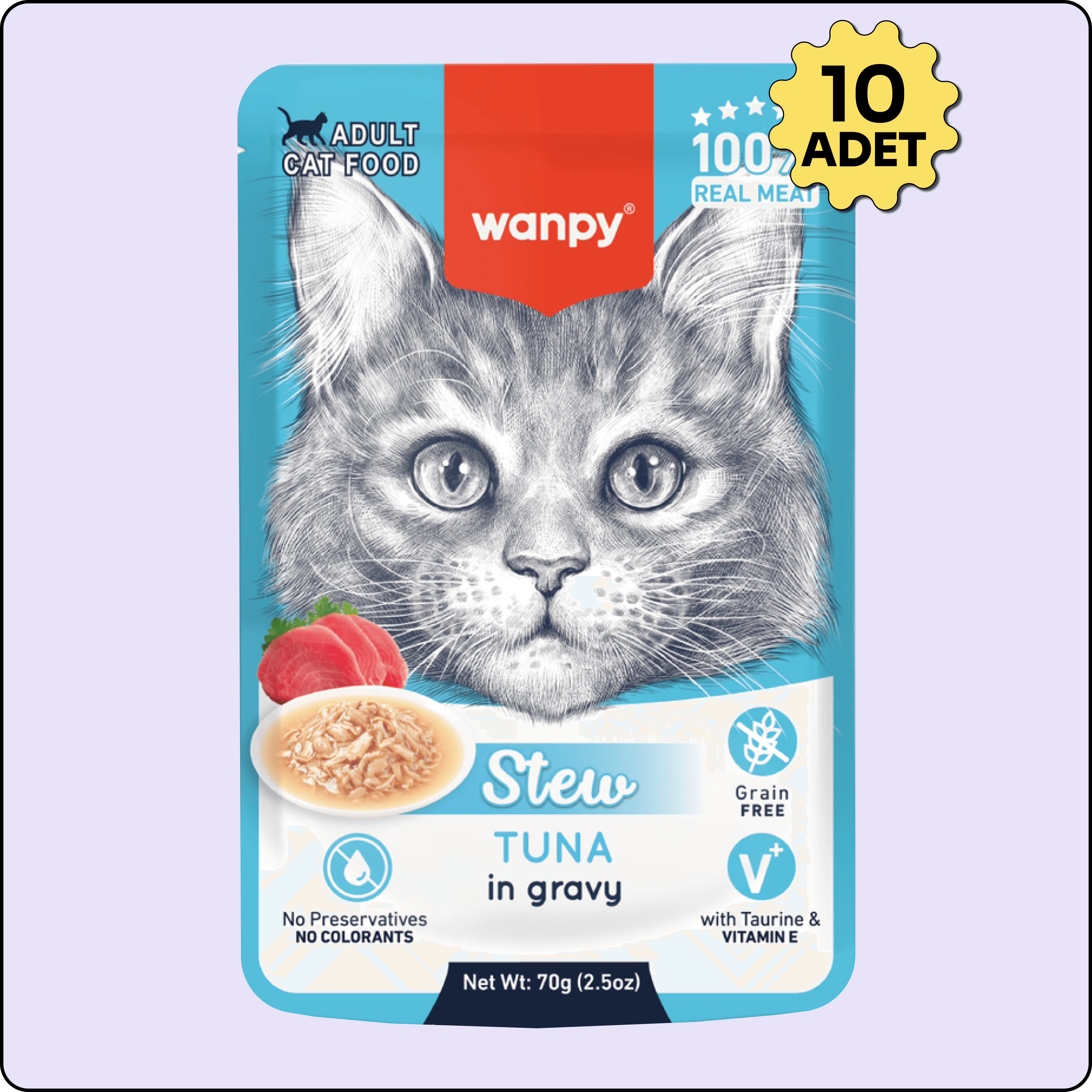 Wanpy Stew Sos İçinde Ton Balıklı Yetişkin Kedi Konservesi 70 gr 10'lu