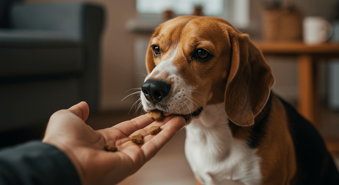 Beagle köpeği, iç mekânda sahibinin elinden mama yerken sağlıklı ve sevecen bir an yaşıyor.