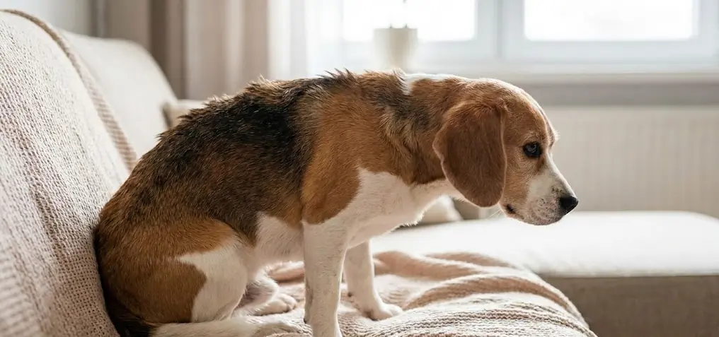 Ev ortamında koltuk üzerinde titreyen köpek, köpeklerde titremenin olası nedenlerini gösteren görsel