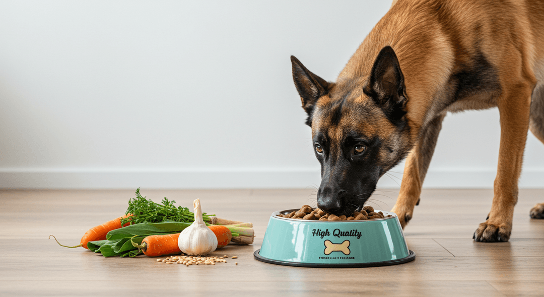 Sağlıklı bir Belgian Malinois köpeği, yüksek kaliteli ve protein açısından zengin bir mama kasesinden keyifle yemek yerken, doğal ve temiz bir ortamda. Mama kasesi taze, katkı maddesi içermeyen doğal malzemelerle dolu, etrafında taze sebzeler ve tahıllar yer alıyor, köpeğin sağlıklı beslenmesinin önemi vurgulanıyor.