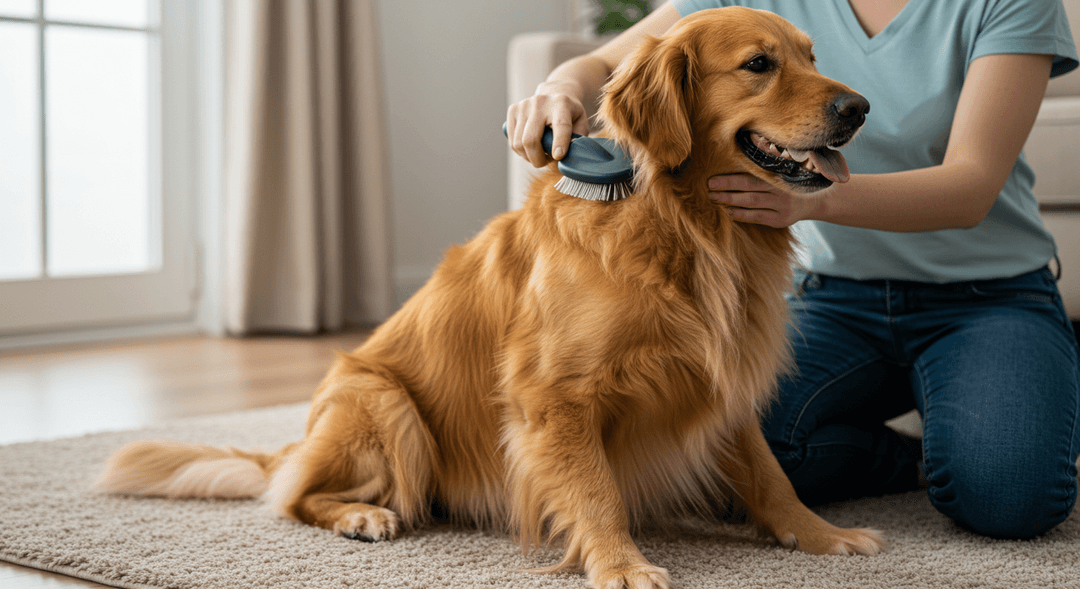 Yıkanmış ve temiz bir golden retriever, sahibi tarafından nazikçe fırçalanırken rahatça oturuyor. Tüyleri parlıyor, köpek ise bu bakımın keyfini çıkarıyor.