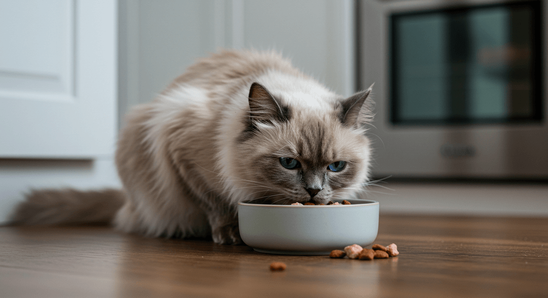 Himalayan kedisi, seramik mama kabından yüksek proteinli, dengeli porsiyonlanmış bir mama yerken – sağlıklı beslenme alışkanlıklarını yansıtır.