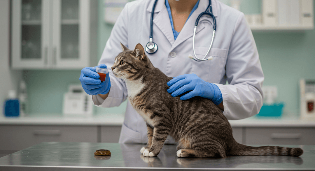 Veteriner kliniğinde kedisinin dışkı örneğini değerlendiren veteriner, parazit kontrolü için önlem alıyor.
