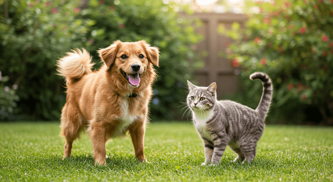 Evcil hayvan sağlığı, kediler ve köpekler, sağlıklı yaşam, dengeli beslenme, vitamin takviyeleri, evcil hayvan bakımı, sağlıklı yaşam tarzı, aktif yaşam, tüy sağlığı, doğal yaşam, mutlu evcil hayvanlar, sağlıklı köpek ve kedi, evcil hayvan sağlığı için ipuçları, güneşli bahçe, evcil hayvan mutluluğu