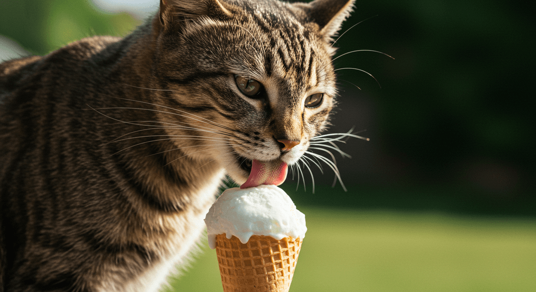 Ultra gerçekçi bir sahnede, yaz sıcağında dondurmayı yalayan kedi; parlak tüylü, masum ve serinletici anı yansıtan detaylarla.