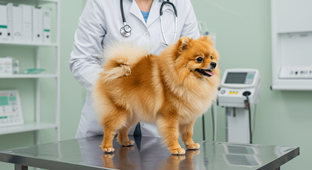 Veteriner muayenesinde arka bacağı kontrol edilen, sakin duran bir Pomeranian köpek.