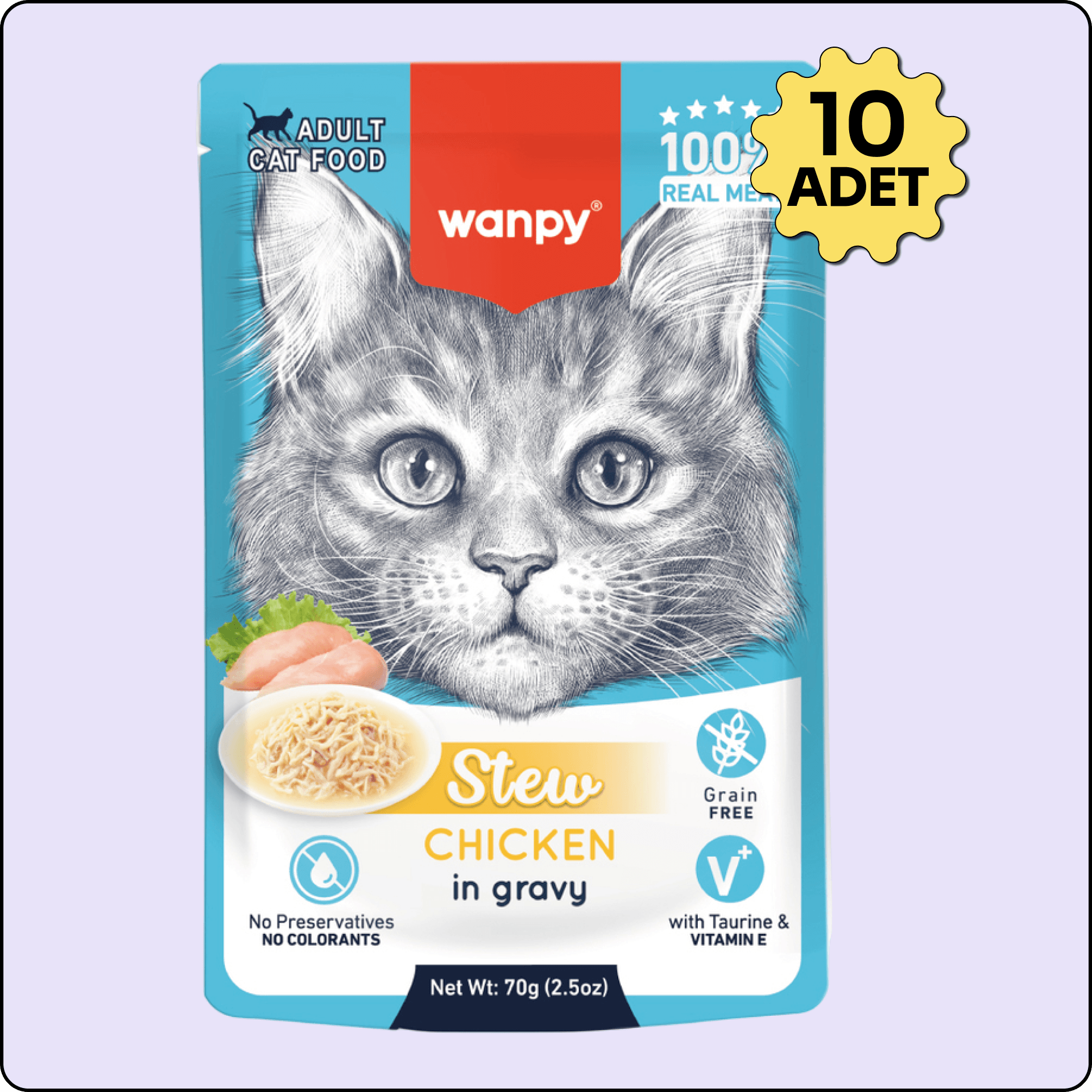 Wanpy Stew Sos İçinde Tavuklu Yetişkin Kedi Konservesi 70 gr 10'lu