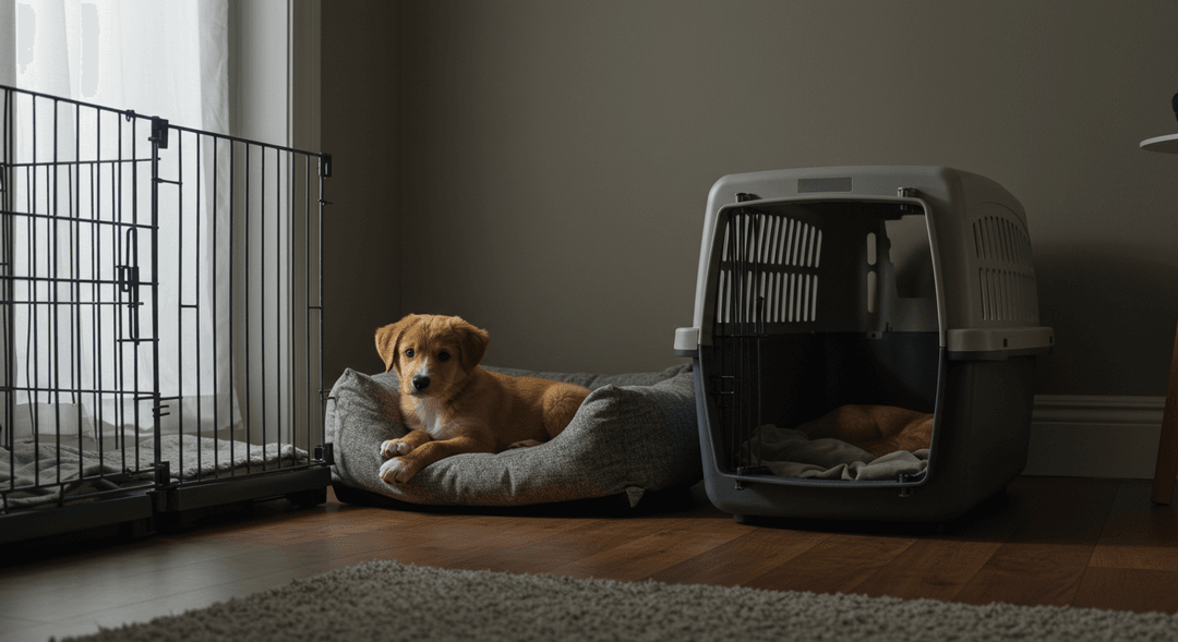 Yavru köpek, sessiz ve güvenli bir köşede yumuşak bir yatağa veya oyun parkına yerleştirilmiş, sakin ve huzurlu bir şekilde dinleniyor.