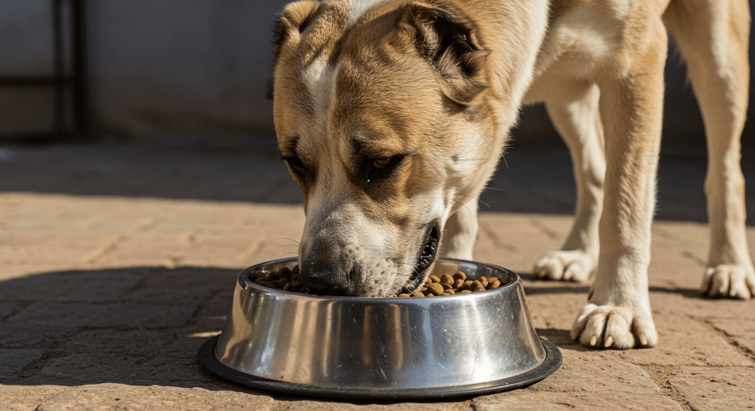 Kaslı yapısıyla Alabay köpeği, yüksek proteinli mamasını yerken güçlü ve sağlıklı görünümüyle dikkat çeker.