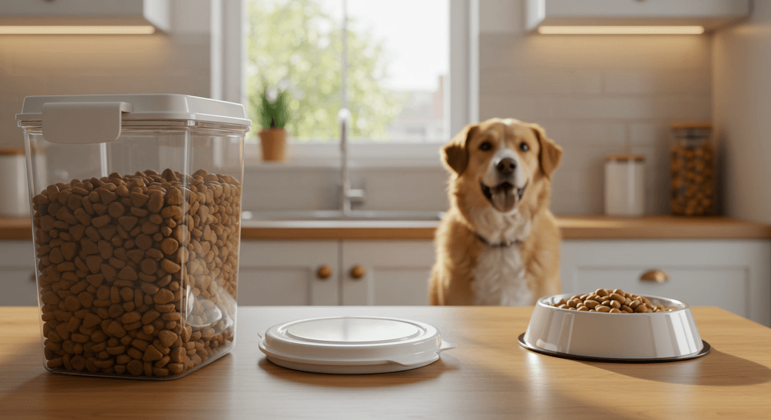 Hava geçirmez kapta saklanan köpek maması ve sağlıklı bir köpek, doğru mama saklama yöntemlerini vurgulayan bir mutfak sahnesi