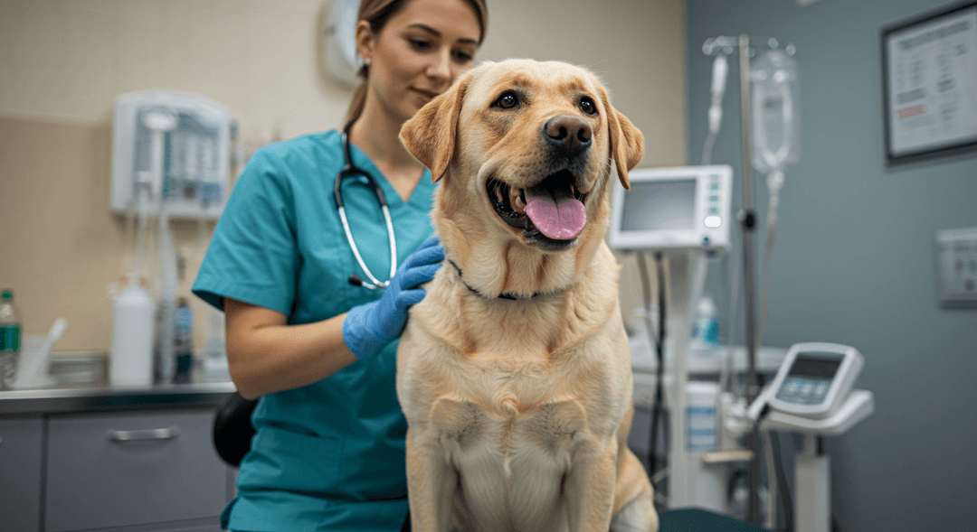 Dost canlısı bir Labrador Retriever, veteriner kliniğinde sakin bir şekilde oturuyor ve veteriner tarafından nazikçe muayene ediliyor. Temiz ve aydınlık klinikte köpeğin sağlığına özen gösterildiği bir sahne.
