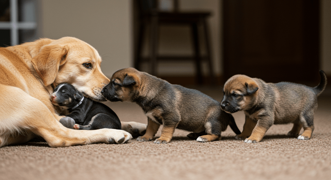 Yavru bir köpeğin gelişim sürecini gösteren sahne: anneyle yakın temastan çevreyi keşfeden neşeli bir yavruya kadar duygusal bağ, fiziksel gelişim ve çevresel etkileşimin vurgulandığı sıcak tonlarda bir görüntü.