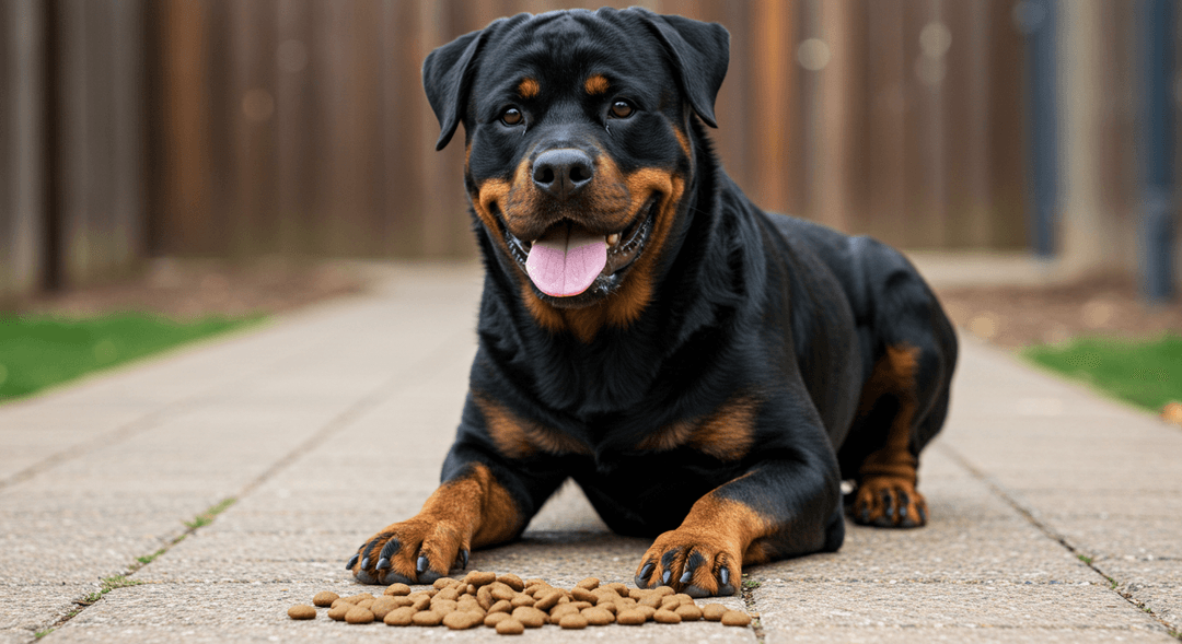 Rottweiler köpeği, güçlü yapısı ve koruyucu duruşuyla, sakinlik ve itaatle dengelenmiş şekilde, güvenli bir aile ortamında.