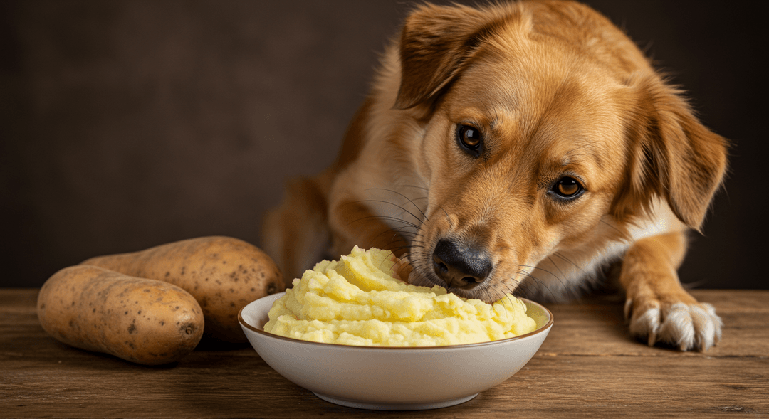 Bir köpek sade patates püresi yerken, sağlıklı ve doğal bir şekilde besleniyor.