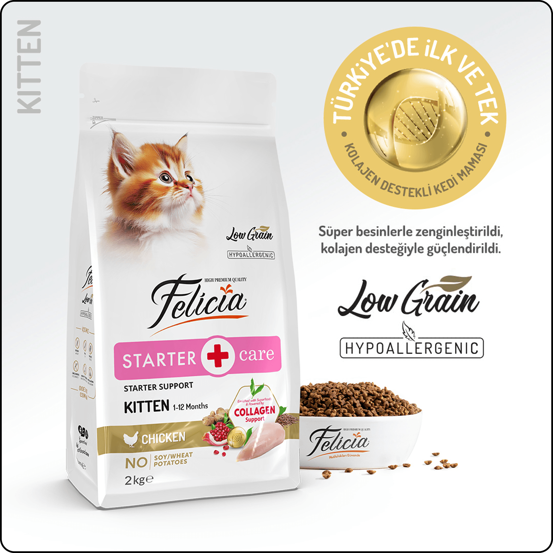 Felicia HypoAllergenic Tavuklu ve Hamsili Düşük Tahıllı Yavru Kedi Maması 2 kg