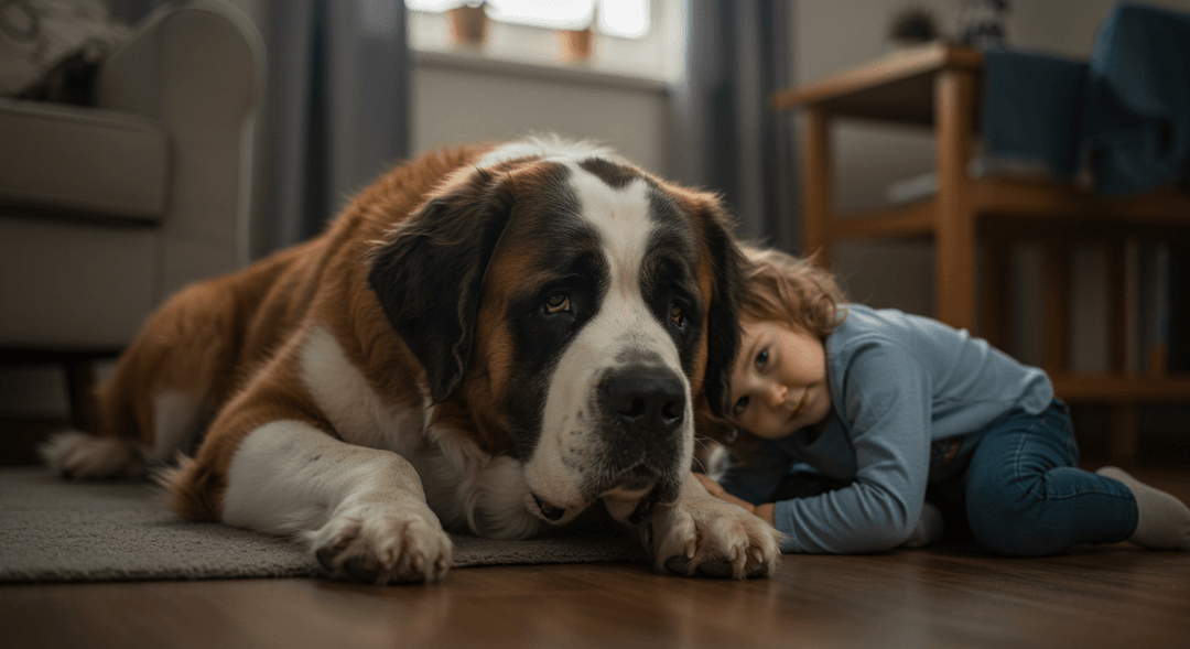 Sakin ve sevecen Saint Bernard köpeği, ev ortamında bir çocuğun yanında huzurla uzanıyor; güven ve şefkat dolu bir an.